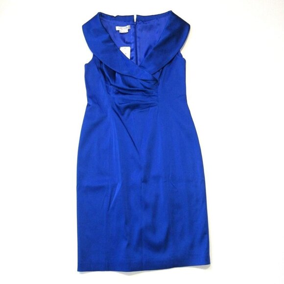 NWT Kay Unger Portrait Shawl Collar Royal Blue Stretch Satin Sheath Dress 12 - Picture 2 of 7